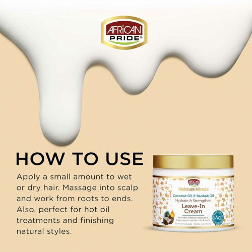 کرم آبرسان و تقویتکننده موهای فر آفریکن پراید مدل African Pride Moisture Miracle Coconut Oil & Baobab Oil Leave-In Cream 425g(اورجینال)