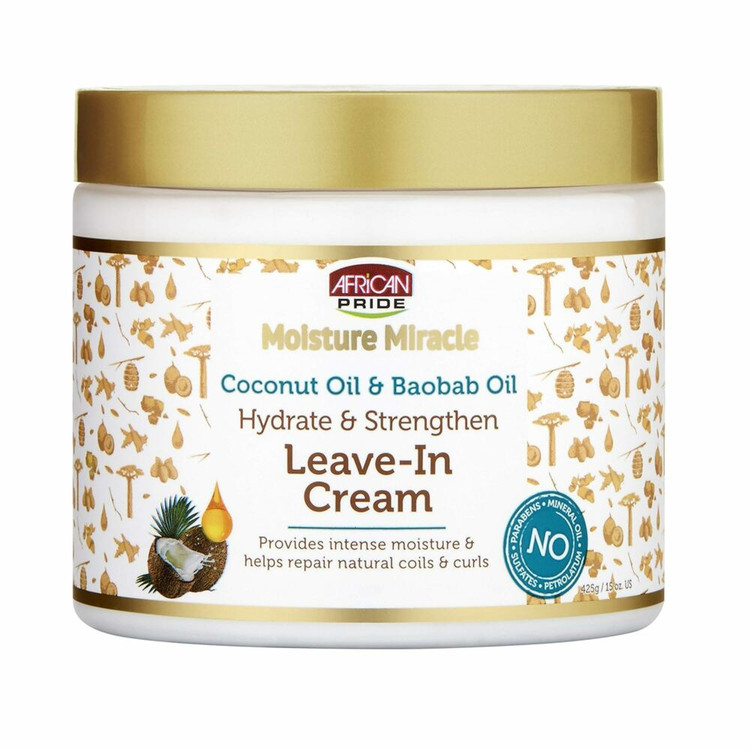 کرم آبرسان و تقویتکننده موهای فر آفریکن پراید مدل African Pride Moisture Miracle Coconut Oil & Baobab Oil Leave-In Cream 425g(اورجینال)