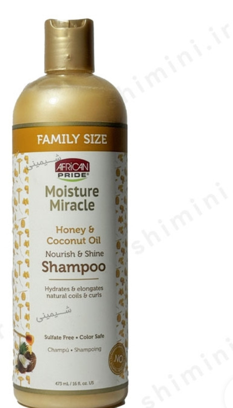 شامپو تغذیهکننده و براقکننده موهای فر آفریکن پراید مدل African Pride Moisture Miracle Honey & Coconut Oil Shampoo 473ml 