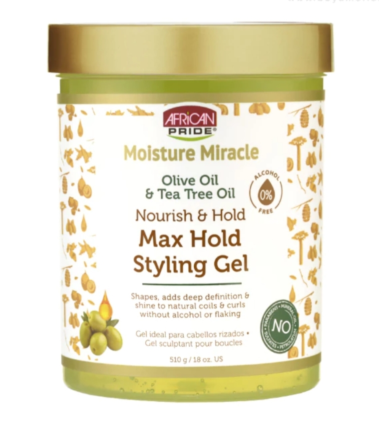 ژل حالتدهنده قوی موهای فر آفریکن پراید حاوی روغن زیتون و درخت چای مدل African Pride Moisture Miracle Max Hold Styling Gel 510g 