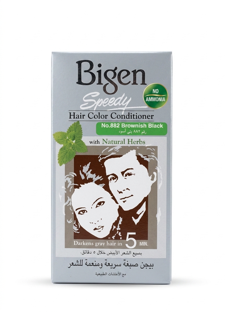 کیت رنگ مو و نرمکننده سریع بیژن (Bigen Speedy) شماره 882 رنگ مشکی قهوهای (Brownish Black) بدون آمونیاک 