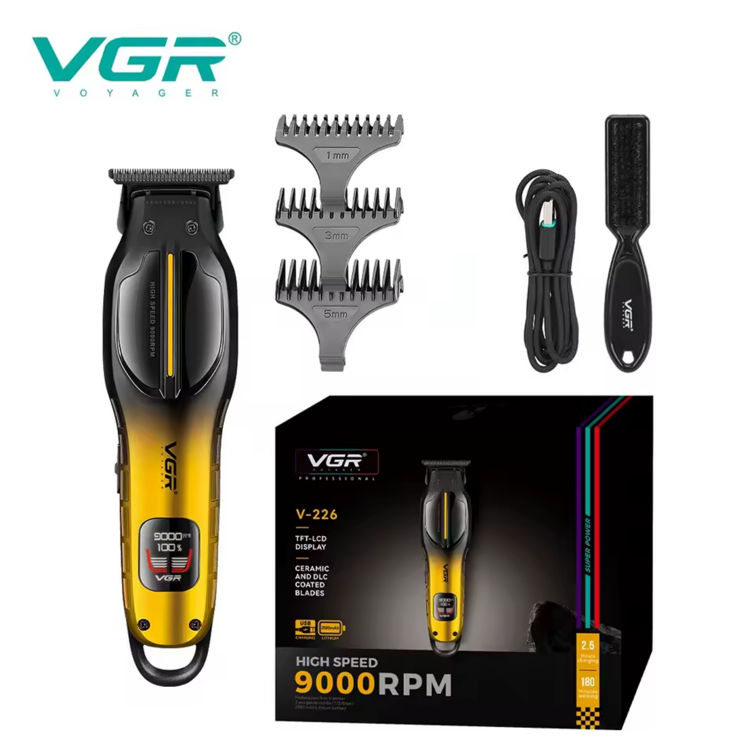 ماشین اصلاح و خط‌زن حرفه‌ای وی جی آر (VGR) مدل V-226 - موتور سوپر توربو ۹۰۰۰ دور - تیغه سرامیکی و DLC(اورجینال)